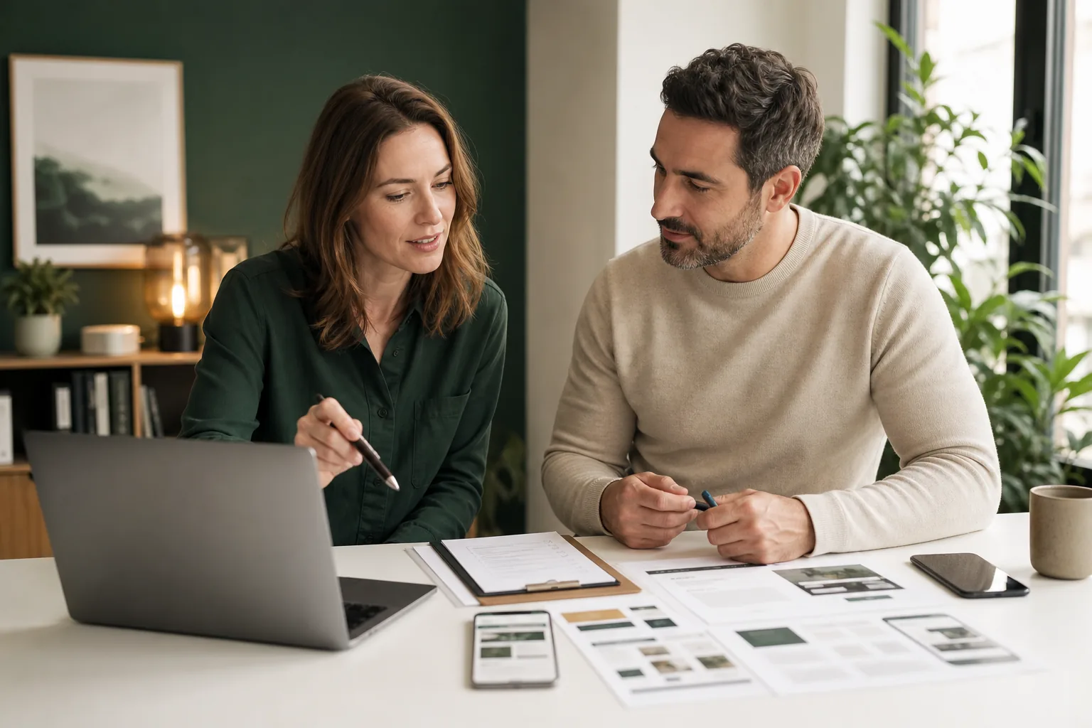 Kleinunternehmer und Webberater prüfen in einem modernen Büro die Struktur und den Startplan einer neuen Firmenwebsite auf Laptop und Notizen.