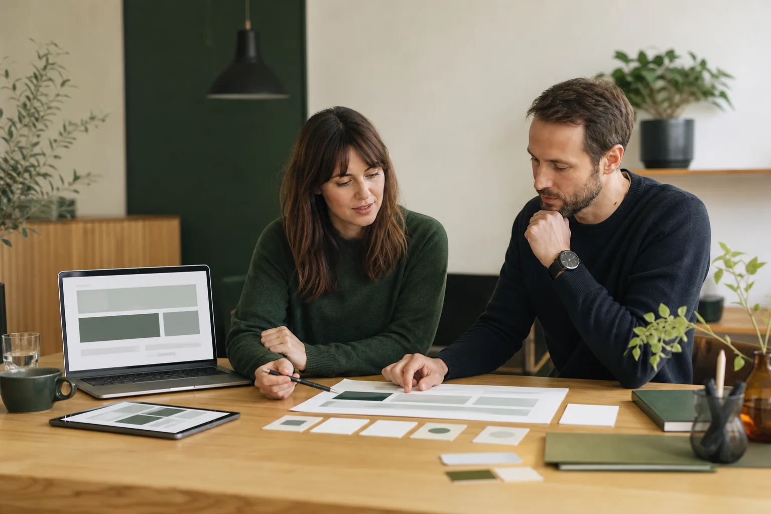 Kleinunternehmerin und Webberater prüfen in einem modernen Büro einen Homepage-Entwurf auf Laptop, Tablet und Papier.