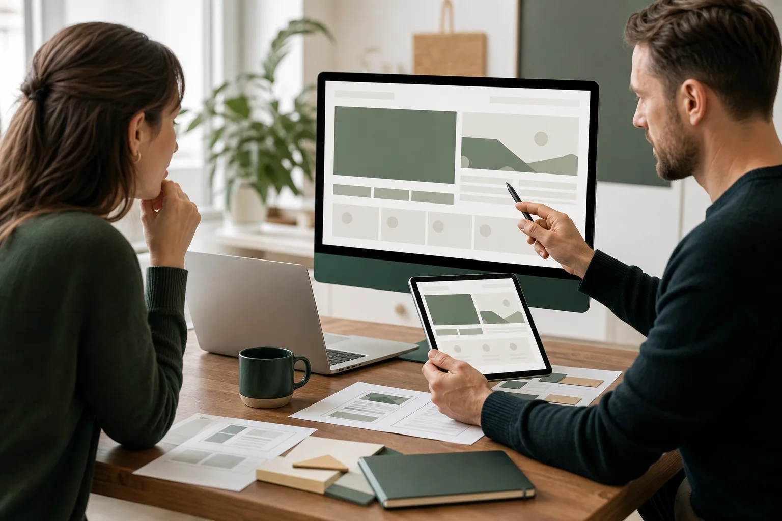 Webdesigner und Unternehmerin prüfen in einem hellen Büro abstrakte Startseiten-Layouts auf Monitor, Tablet und Papier.