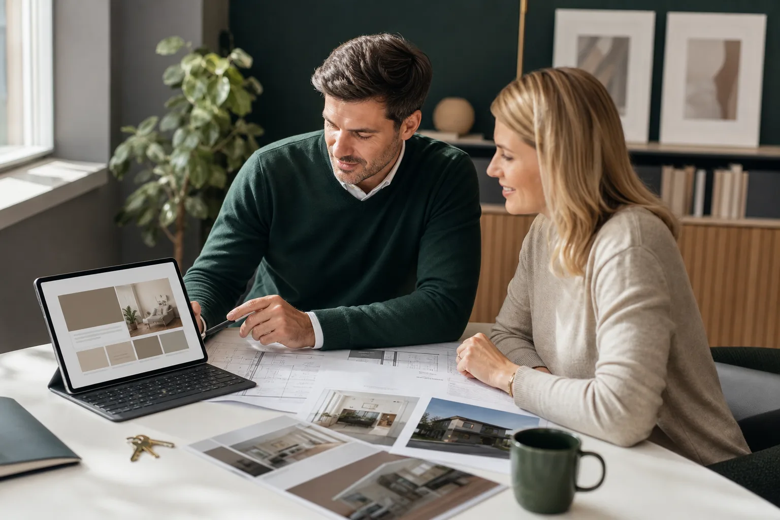 Immobilienmakler und Webberaterin prüfen in einem modernen Büro einen Website-Entwurf auf einem Tablet neben Objektfotos, Bauplänen und Hausschlüsseln.