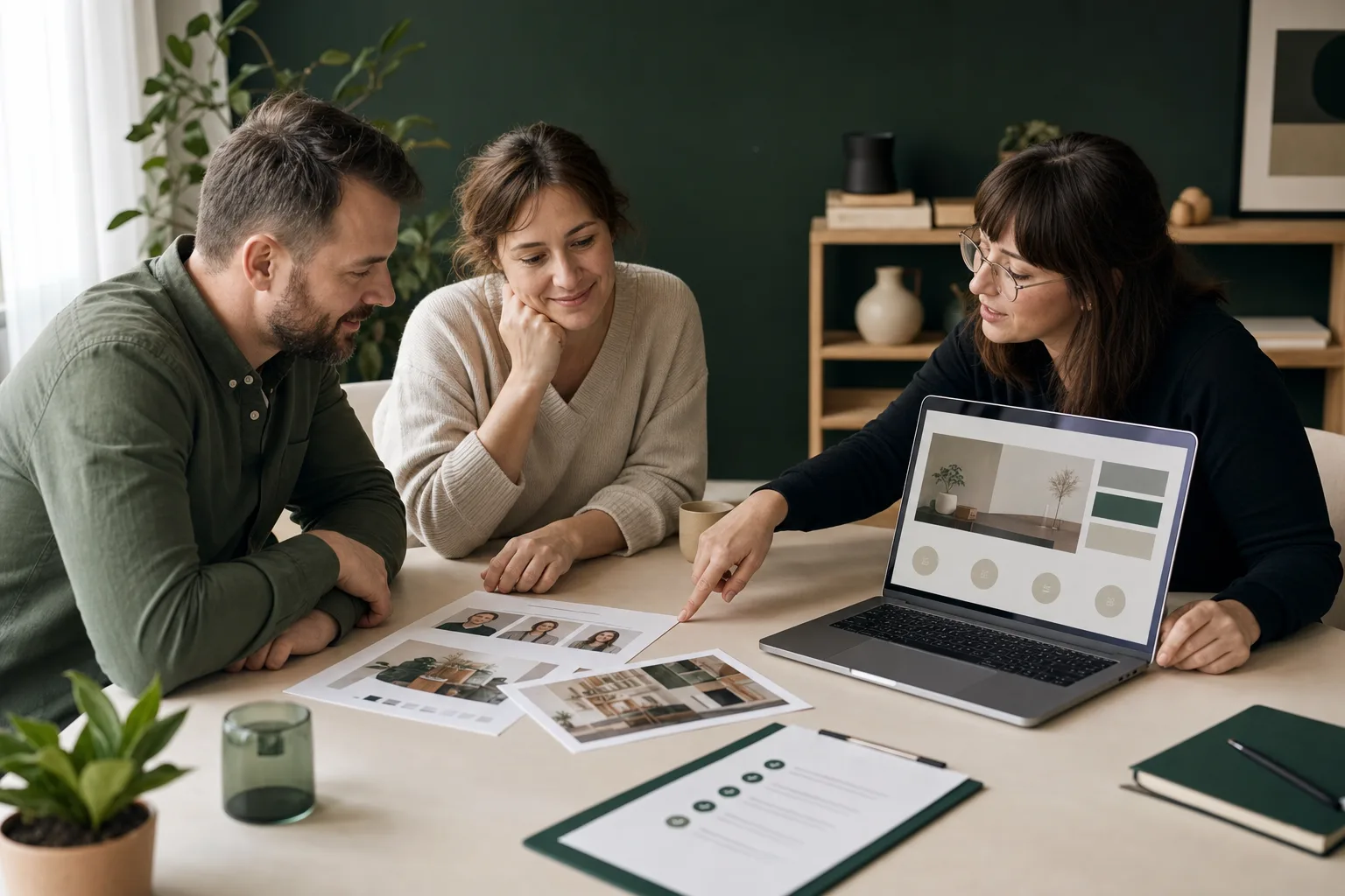 Webberater und zwei Unternehmer prüfen in einem ruhigen Büro Kundenstimmen, Projektfotos und eine Website-Struktur auf einem Laptop.